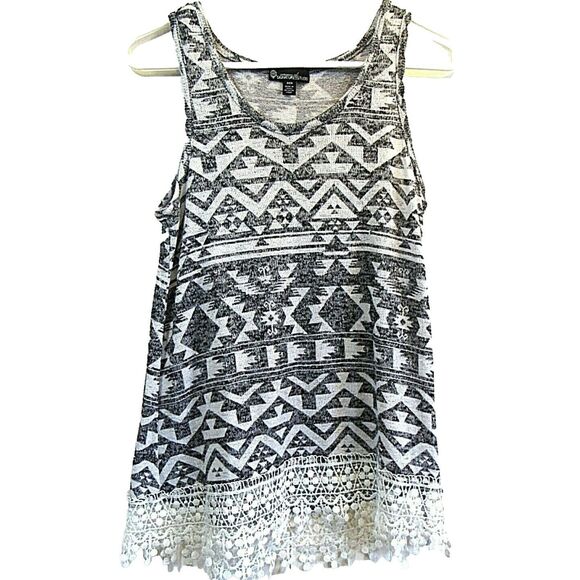 Womens Dressy Tank Top Small Lightweight Wester Print Lace Trim Hem Grey - Picture 1 of 5